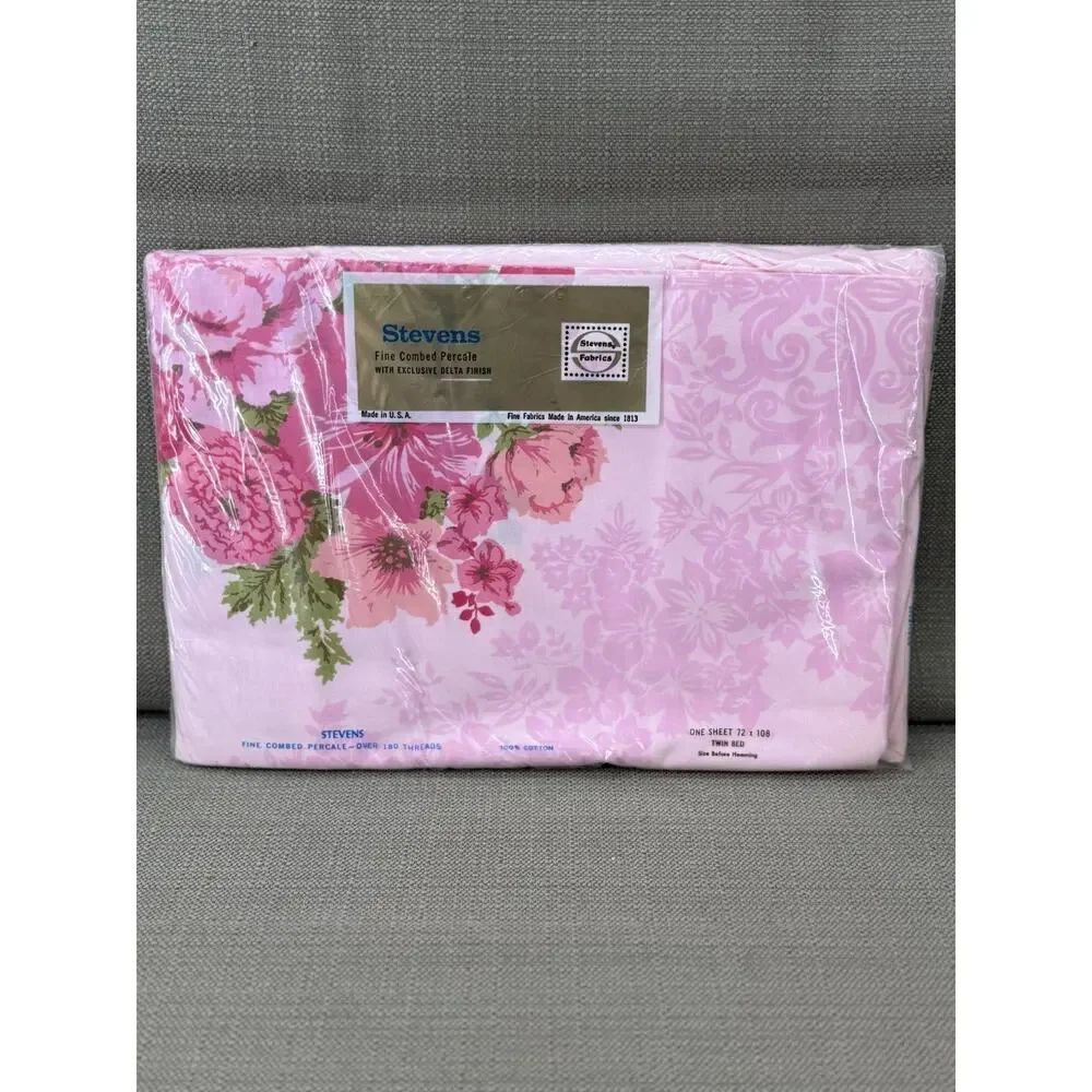 Vintage Stevens Twin Flat Sheet Pink Floral Cotton Percale NOS NIP USA MCM